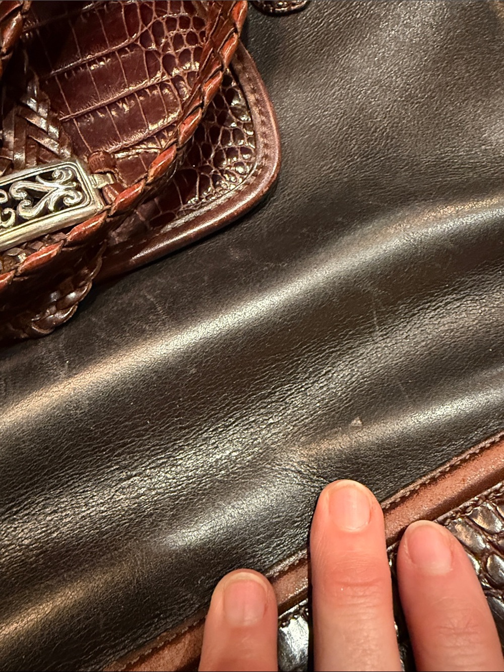 Vintage Brighton Brown Croc-Embossed Black Leather Shoulder Bag Tote - Picture 8 of 10